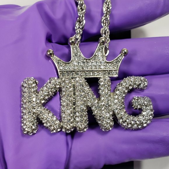 Jewel House Silver tone 30 Inches Chunky Chain Necklace KING Rhinestone Pendant - Picture 4 of 8